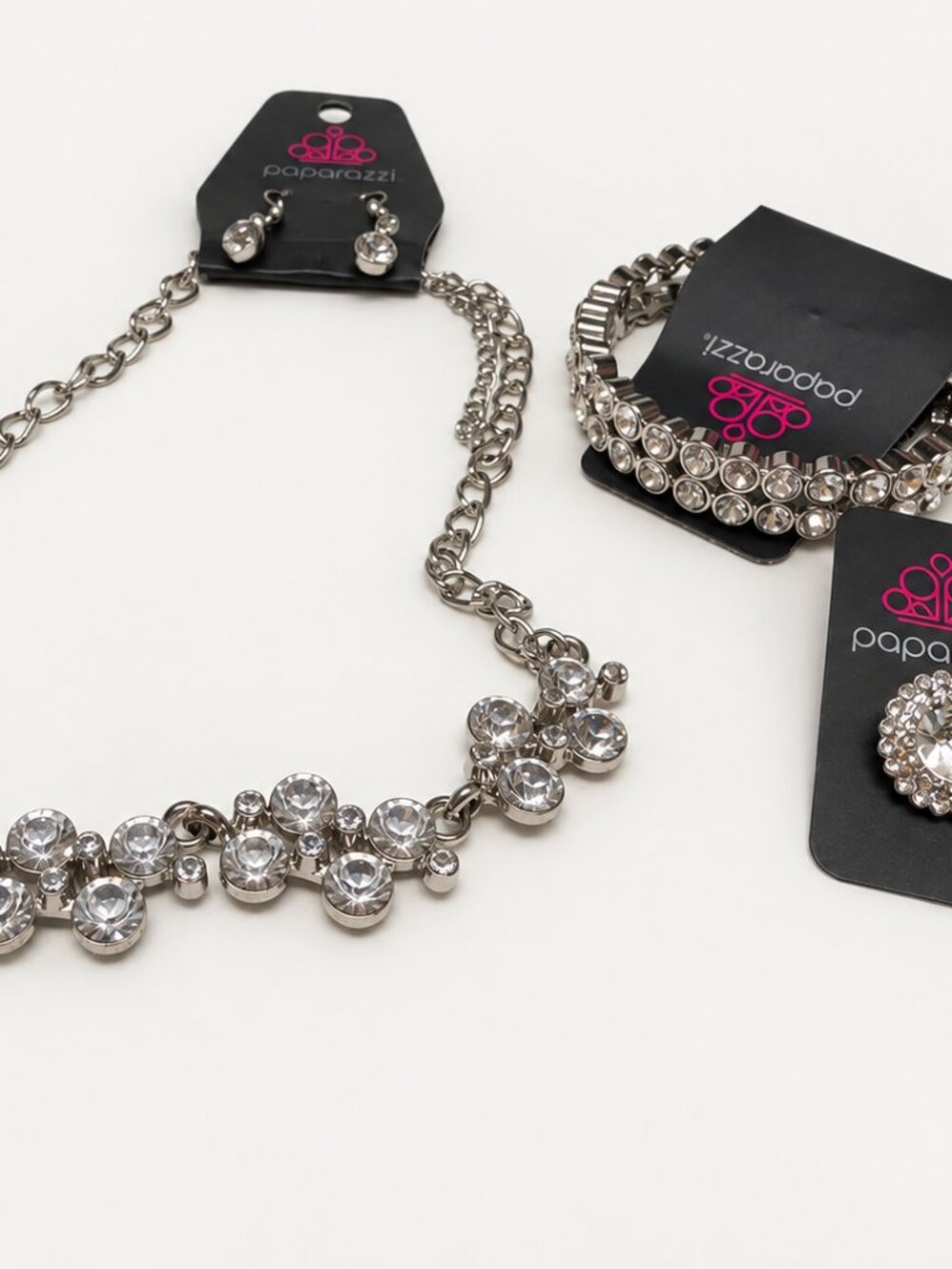 Paparazzi Clear Rhinestone Silver Tone Necklace Set Earrings Bracelet Bundle